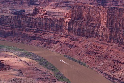 View of Colorado River and Canyonlands National Park from viewpoint in Dead Horse Point State Park in Moab, Utah.