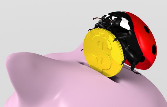 closeup of a ladybug on top of a piggy bank that stands up and puts a golden coin into its slot, on a neutral background