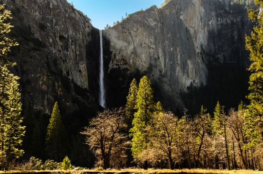 Bridalveil Fall waterfall in the Yosemite Valley.