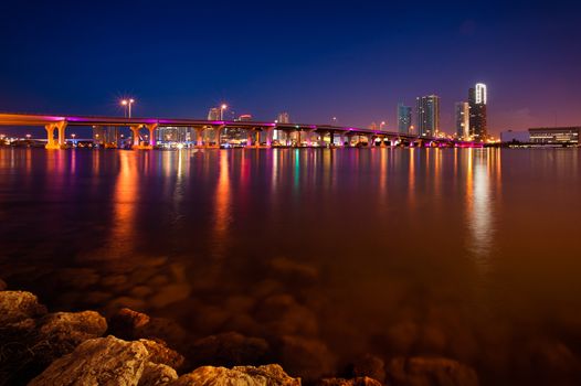 Bridge in the Atlantic ocean with cityscape in the background, Miami, Miami-Dade County, Florida, USA