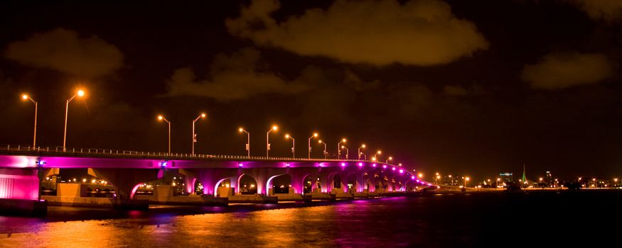 Bridge lit up at night, Miami, Miami-Dade County, Florida, USA