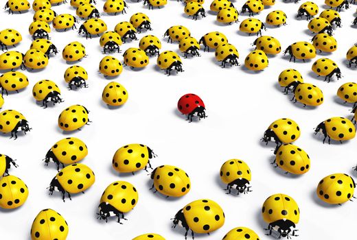 crowd of yellow ladybugs marginalize a red one taking distance from it, on a white background