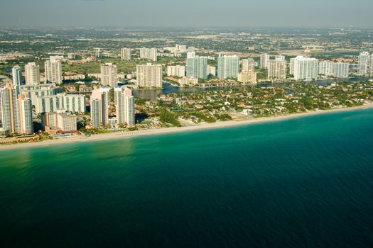 Aerial view of buildings in a city at the waterfront, Miami, Miami-Dade County, Florida, USA