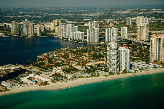 Aerial view of buildings in a city at the waterfront, Miami, Miami-Dade County, Florida, USA