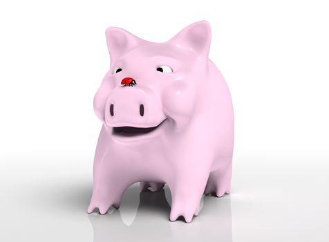 front view of a smiling piggy bank that watches a red ladybird which stands on top of its nose, on a neutral background