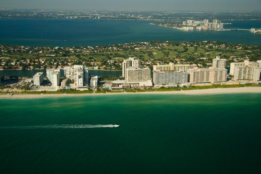 Aerial view of buildings in a city at the waterfront, Miami, Miami-Dade County, Florida, USA