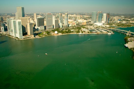 Aerial view of buildings in a city at the waterfront, Miami, Miami-Dade County, Florida, USA