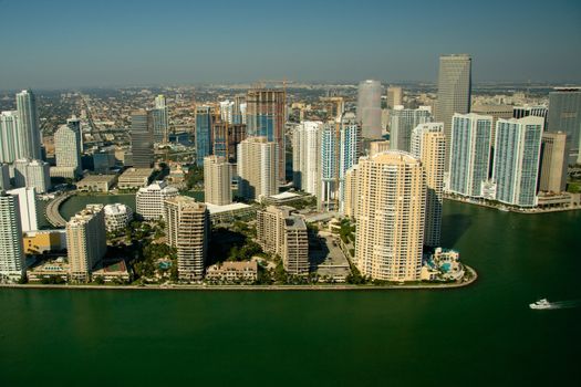 Aerial view of buildings in a city at the waterfront, Miami, Miami-Dade County, Florida, USA