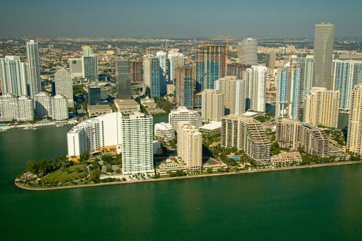 Aerial view of buildings in a city at the waterfront, Miami, Miami-Dade County, Florida, USA