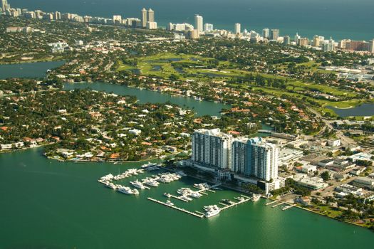 Aerial view of buildings at the waterfront, Miami, Florida, USA