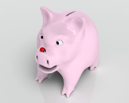 closeup of a surprised piggy bank that watches a red ladybird which stands on top of its nose, on a neutral background