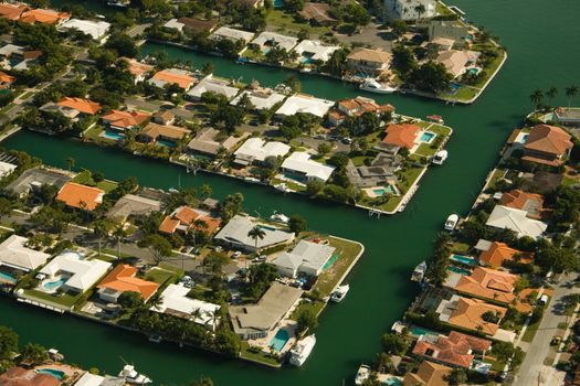 Aerial view of buildings at the waterfront, Miami, Florida, USA