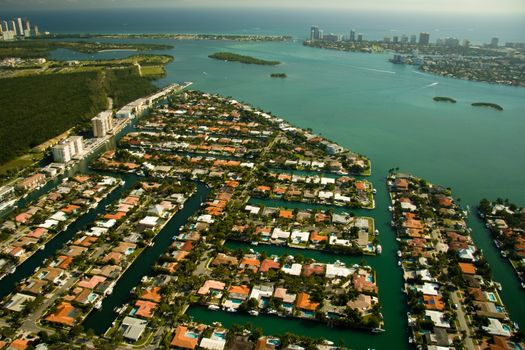 Aerial view of buildings at the waterfront, Miami, Florida, USA