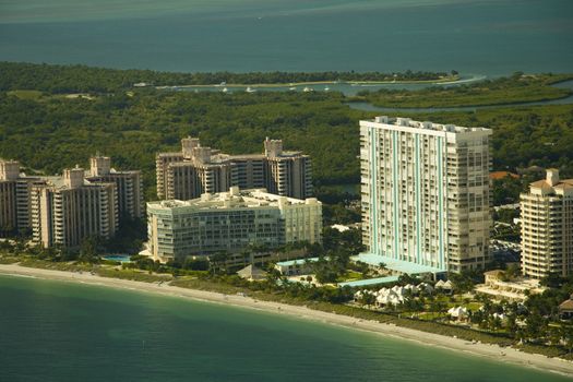 Aerial view of buildings at the waterfront, Miami, Florida, USA