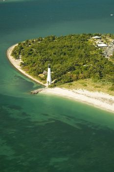 Aerial view of Cape Florida Light in the Key Biscayne, Miami, Florida.