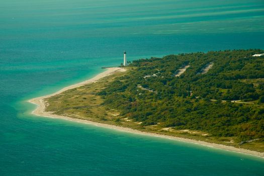 Aerial view of Cape Florida lighthouse in Key Biscayne, Miami, U.S.A.