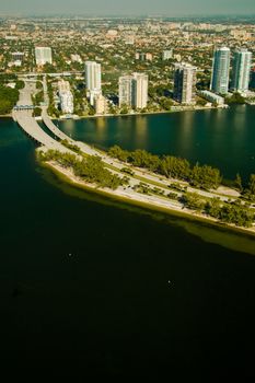 Rickenbacker Causeway in the Atlantic Ocean leading to a city, Miami, Miami-Dade County, Florida, USA