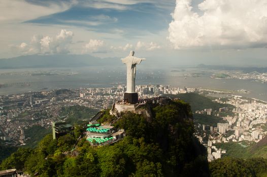Aerial view of Christ the Redeemer statue and city of Rio de Janeiro, Brazil.