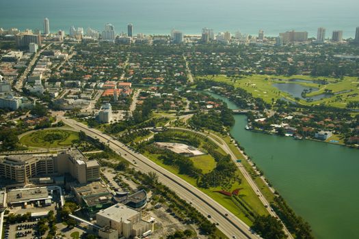 Aerial view of a city at the waterfront, Miami, Florida, USA