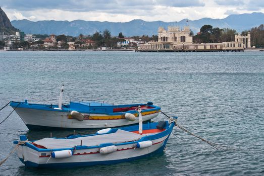 Old boats in Mondello beach. Palermo, Sicily, Italy