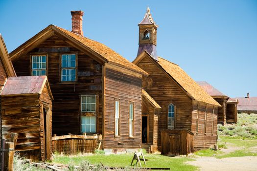 Closeup of old wooden buildings at Bodie Historic Park, part of a Californian gold-mining ghost town.