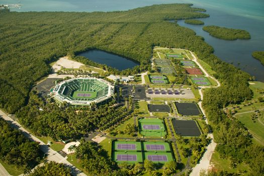 Aerial view of Crandon Park Tennis Center, Key Buscayne, Florida, U.S.A.