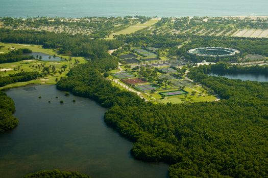 Aerial photography of the Crandon Park Tennis Center in Key Biscayne, Miami region, Florida, USA.