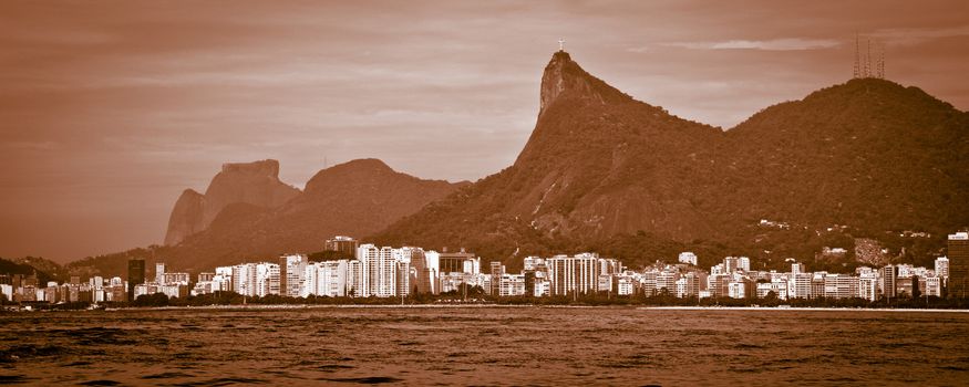 Cristo Redentor as seen from the sea in the Baia de Guanabara in Rio de Janeiro.