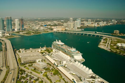 Aerial view of a cruise ship in the Atlantic Ocean, Miami, Miami-Dade County, Florida, USA