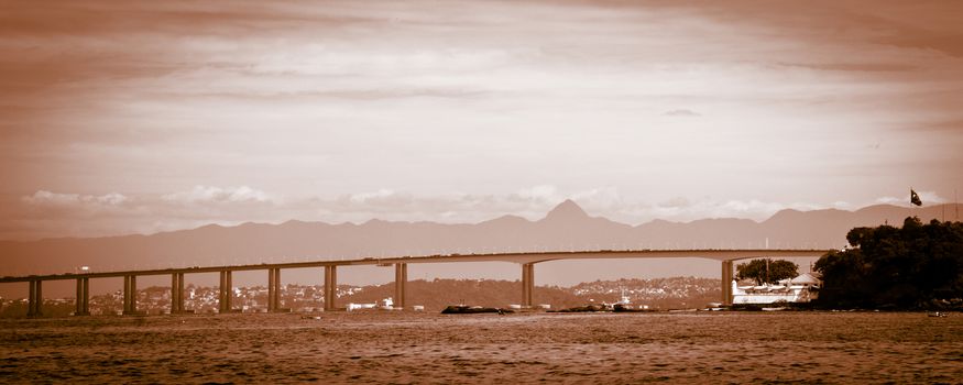 Detail of the Rio-Niteroi bridge from a boat on the Guanabara Bay in Rio de Janeiro, Brazil