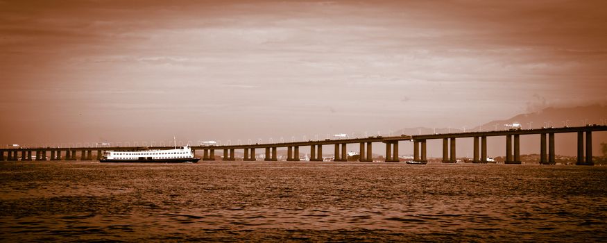 Detail of the Rio-Niteroi bridge from a boat on the Guanabara bay in Rio de Janeiro, Brazil