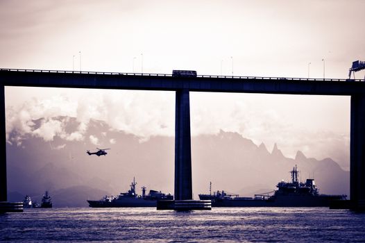 Detail of the Rio-Niteroi bridge from a boat on the Guanabara bay in Rio de Janeiro, Brazil