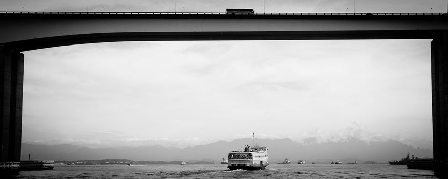 Detail of the Rio-Niteroi bridge from a boat on the Guanabara bay in Rio de Janeiro, Brazil