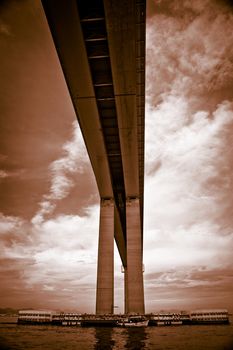 Detail of the Rio-Niteroi bridge from a boat on the Guanabara bay in Rio de Janeiro, Brazil