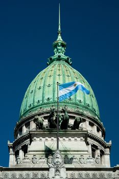 The decorative cupola and carvings on the roof of the National Congress building in Buenos Aires, Argentina.