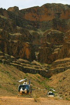 Helicopters grounded at the very end of the Grand Canyon, close to Las Vegas.