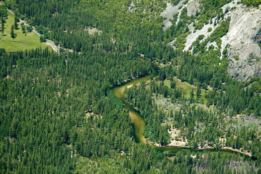 Aerial view of forest and river in Yosemite National Park viewed from Sentinel Dome, California, U.S.A.