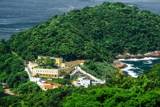 High angle view of Fort St. John surrounded by green trees in Urca neighborhood of Rio de Janeiro, Brazil.