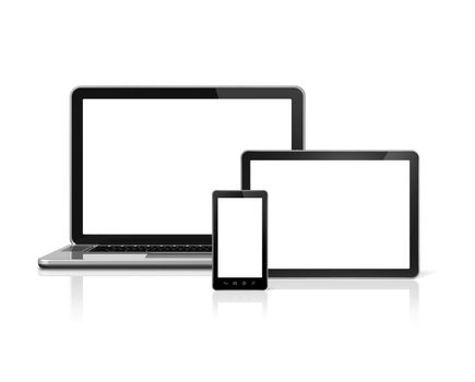 3D laptop, mobile phone and digital tablet pc - isolated on white with clipping path