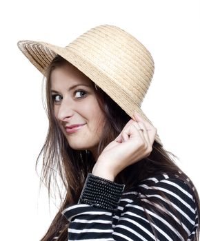 portrait of a young girl in straw hat smiling - isolated on white