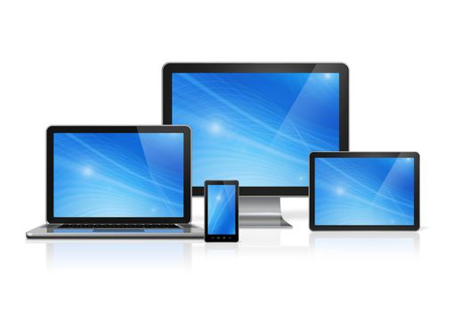 3D computer, laptop, mobile phone and digital tablet pc - isolated on white with clipping path