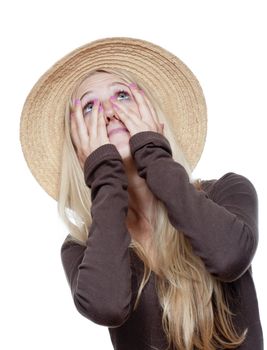 portrait of a young girl in straw hat - isolated on white