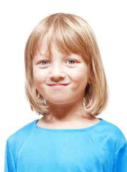 portrait of a boy with long blond hair smiling - isolated on white