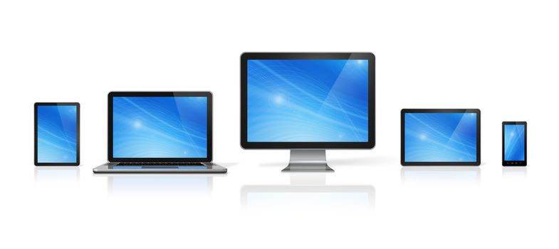 3D computer, laptop, mobile phone and digital tablet pc - isolated on white with clipping path