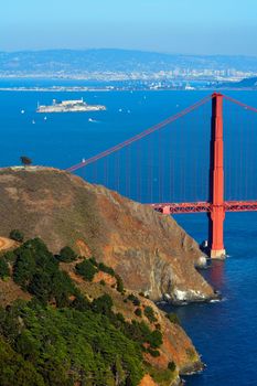 Golden Gate Bridge with Alcatraz Island in the background, San Francisco Bay, San Francisco, California, USA