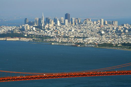 Suspension bridge with city in the background, Golden Gate Bridge, San Francisco Bay, San Francisco, California, USA