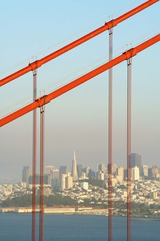 Golden Gate Bridge with Transamerica Pyramid in the background, San Francisco Bay, San Francisco, California, USA