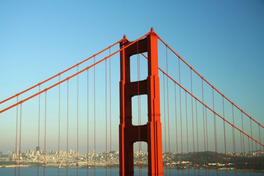 Suspension bridge with city in the background, Golden Gate Bridge, San Francisco Bay, San Francisco, California, USA