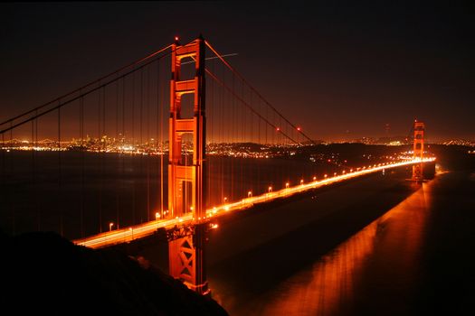 Scenic view of Golden Gate bridge illuminated at night, San Francisco, California, U.S.A.