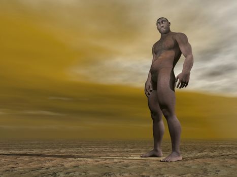 One male homo erectus standing on the ground by grey and brown cloudy day